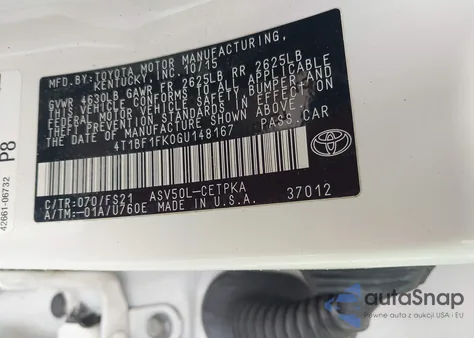 2016 Toyota Camry Se z USA, uszkodzony, nr VIN 4T1BF1FK0GU148167